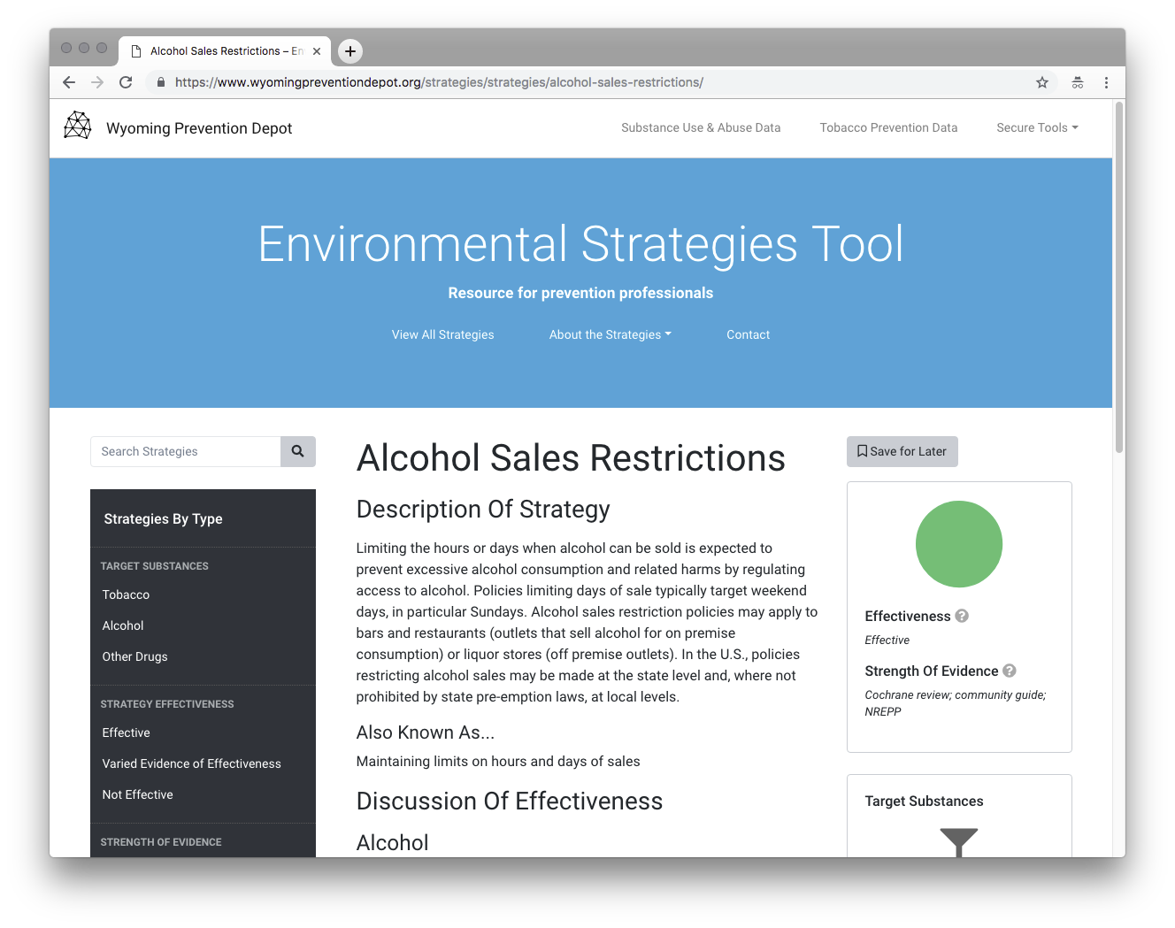 Screenshot of the Environmental Strategies tool website