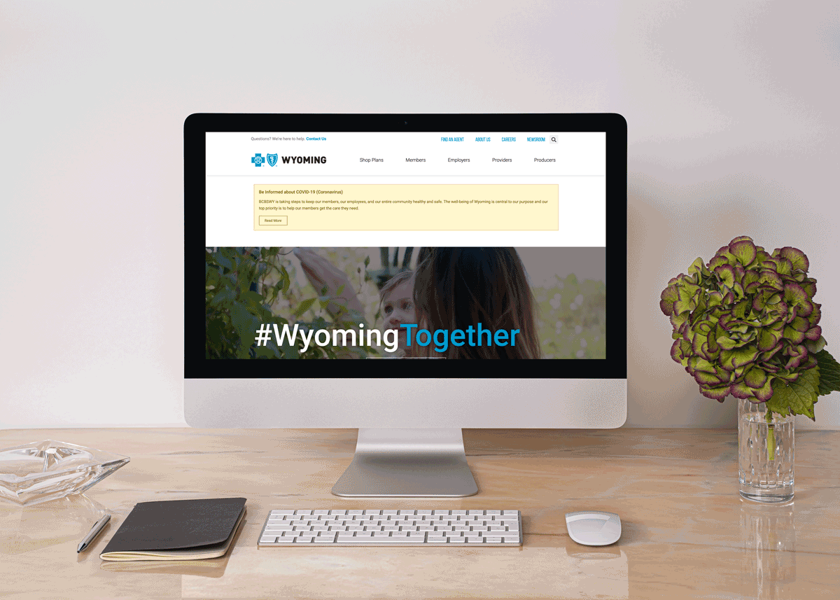 Animated home page of the Blue Cross Blue Shield of Wyoming homepage on a desktop computer