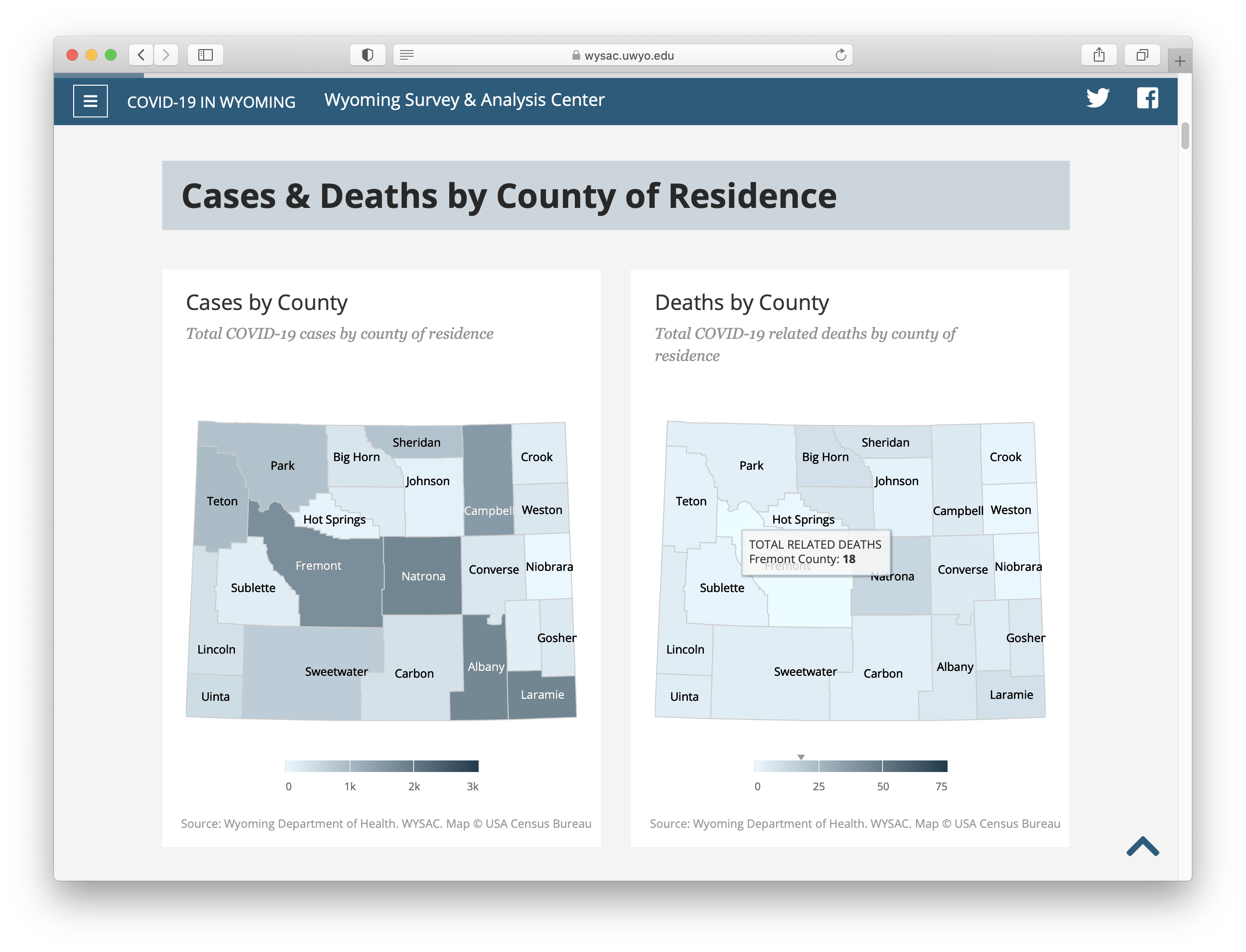 Two Wyoming county maps showing the number of cases and deaths due to COVID 19