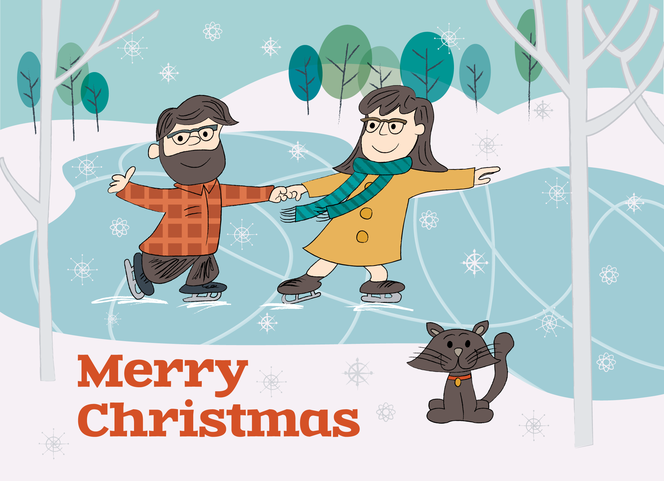 Christmas card illustration of two people ice skating on a lake in the woods, drawn in the style of Charlie Brown